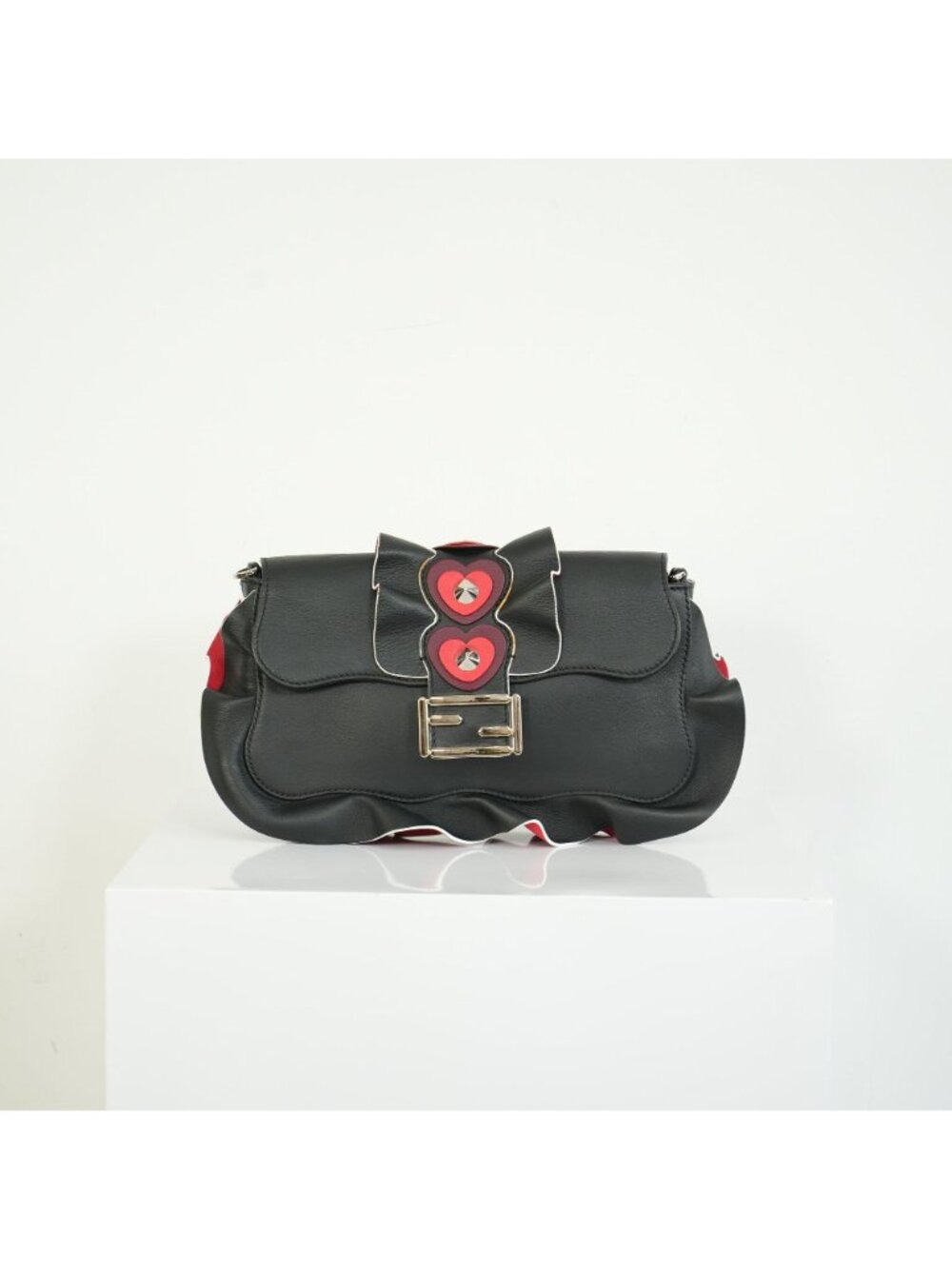 Fendi Leather Baguette Bag Wavy Ruffle Red Hearts Strap You Silver FF Logo